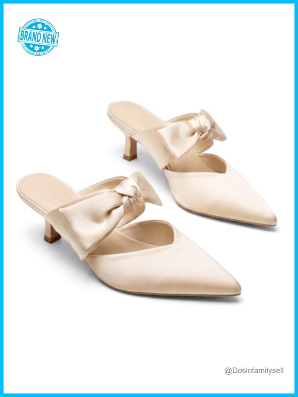 Coutgo Satin Kitten Heel Mules Bow Strap Pointed Toe Slip On Dress Shoes